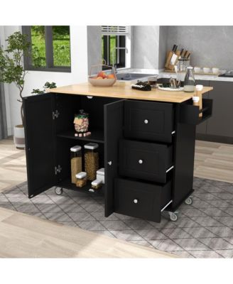 52.7" Rolling Kitchen Island with Drop Leaf, Solid Wood Top, Storage Cabinet & Drawers, Mobile Kitchen Cart