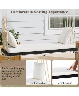 63 Inch Acacia Wood Porch Swing with Cushion and Hemp Ropes