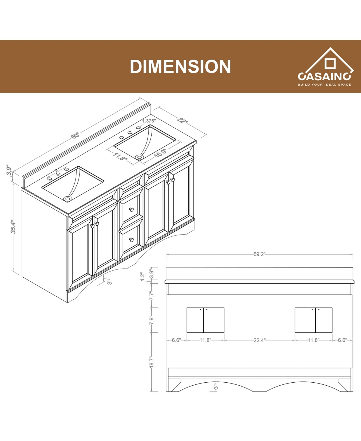 Casainc 60-Inch Freestanding Bathroom Vanity with Carrara Marble Top