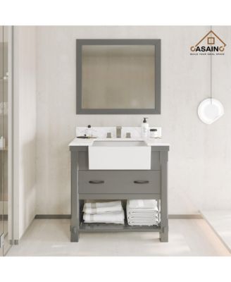 36-Inch Solid Wood Bathroom Vanity with Quartz Bullnose Top and Ceramic Basin