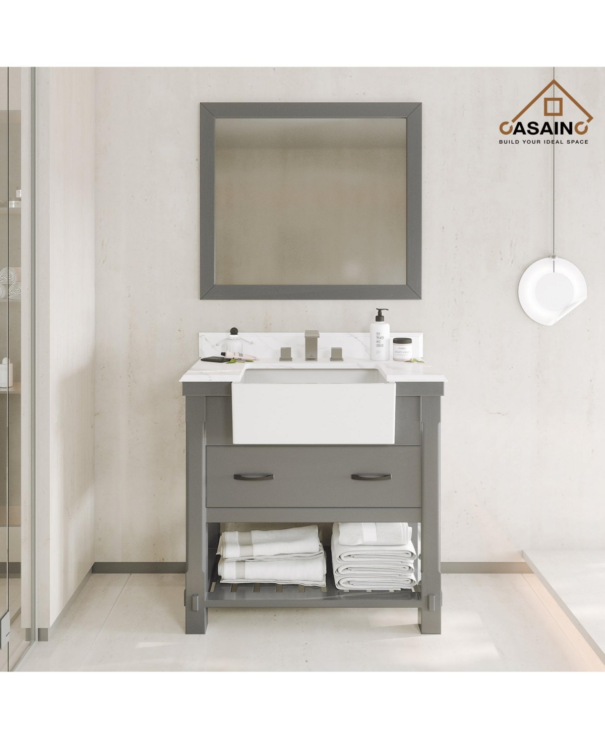 Casainc 36-Inch Solid Wood Bathroom Vanity with Quartz Bullnose Top and Ceramic Basin
