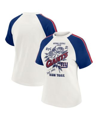 WEAR by Erin Andrews - Women's White New York Giants Sleeve Stripe Distressed Raglan T-Shirt