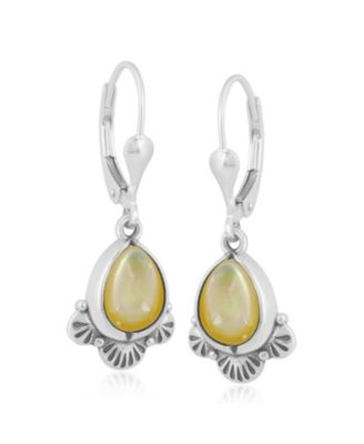 Sterling Silver and Pear Shape Yellow Mother of Pearl Fan Lever Back Earrings