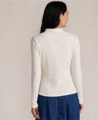 Women's Long Sleeve Pointelle Rib Keyhole Polo Top