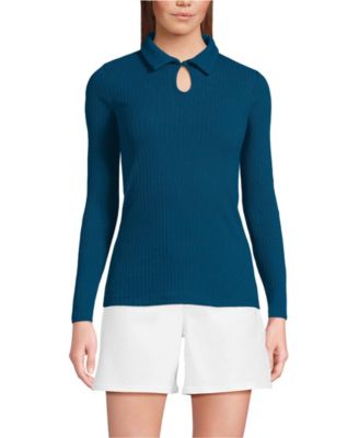 Women's Long Sleeve Pointelle Rib Keyhole Polo Top