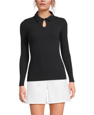 Women's Long Sleeve Pointelle Rib Keyhole Polo Top