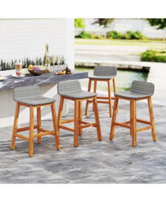 Solid Acacia Wood Bar Stools Set of 4 Rattan Bar Height Patio Chairs for Porch