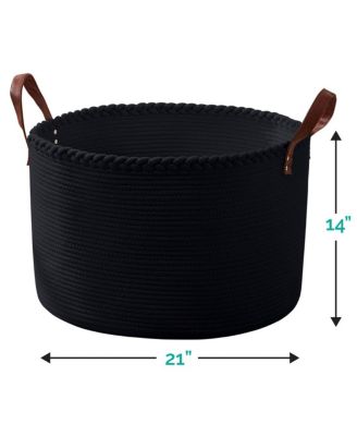 21&amp;quot; Large Round Cotton Rope Storage Basket Laundry Hamper with Faux Leather Handles