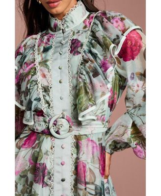Women's Long Sleeve Printed Organza Shirt Dress