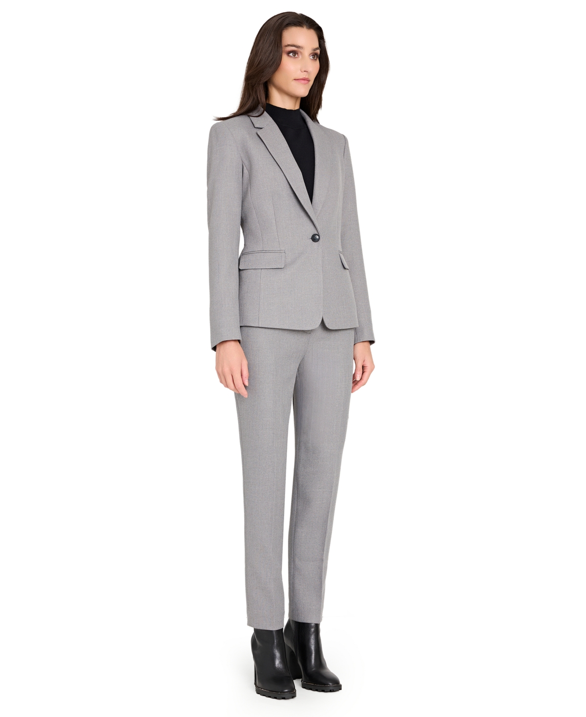 Tahari Asl Petite Herringbone Mid Rise Pants In Gray