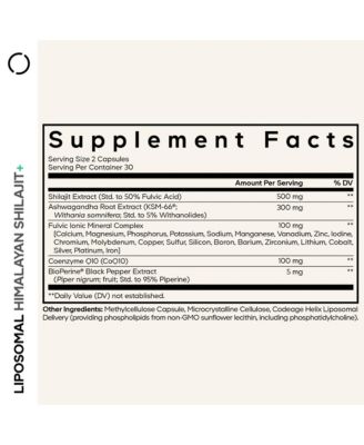Liposomal Himalayan Shilajit+ Supplement - 500 mg Shilajit, KSM-66 Ashwagandha, CoQ10, Fulvic Ionic Minerals, Calcium, Magnesium, 60 Capsules
