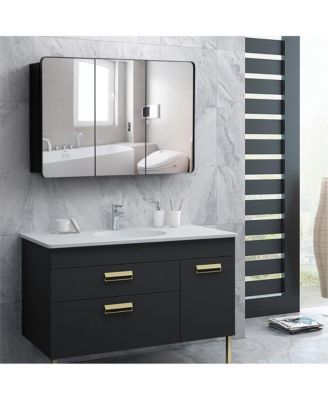 3-Door Aluminum Bathroom Medicine Cabinet, Round Corner Framed Door - Versatile Recessed Medicine Cabinet or Surface Mount, Mirrored Door Cabinet with Adjustable Glass Shelves, Matte Black