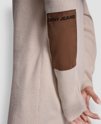 Women's Relaxed V-Neck Shaker Stitch Cardigan With Suede Logo Patch