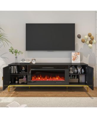 70 inches MDF TV Stand with 36 inches Fireplace and Storage Cabinets
