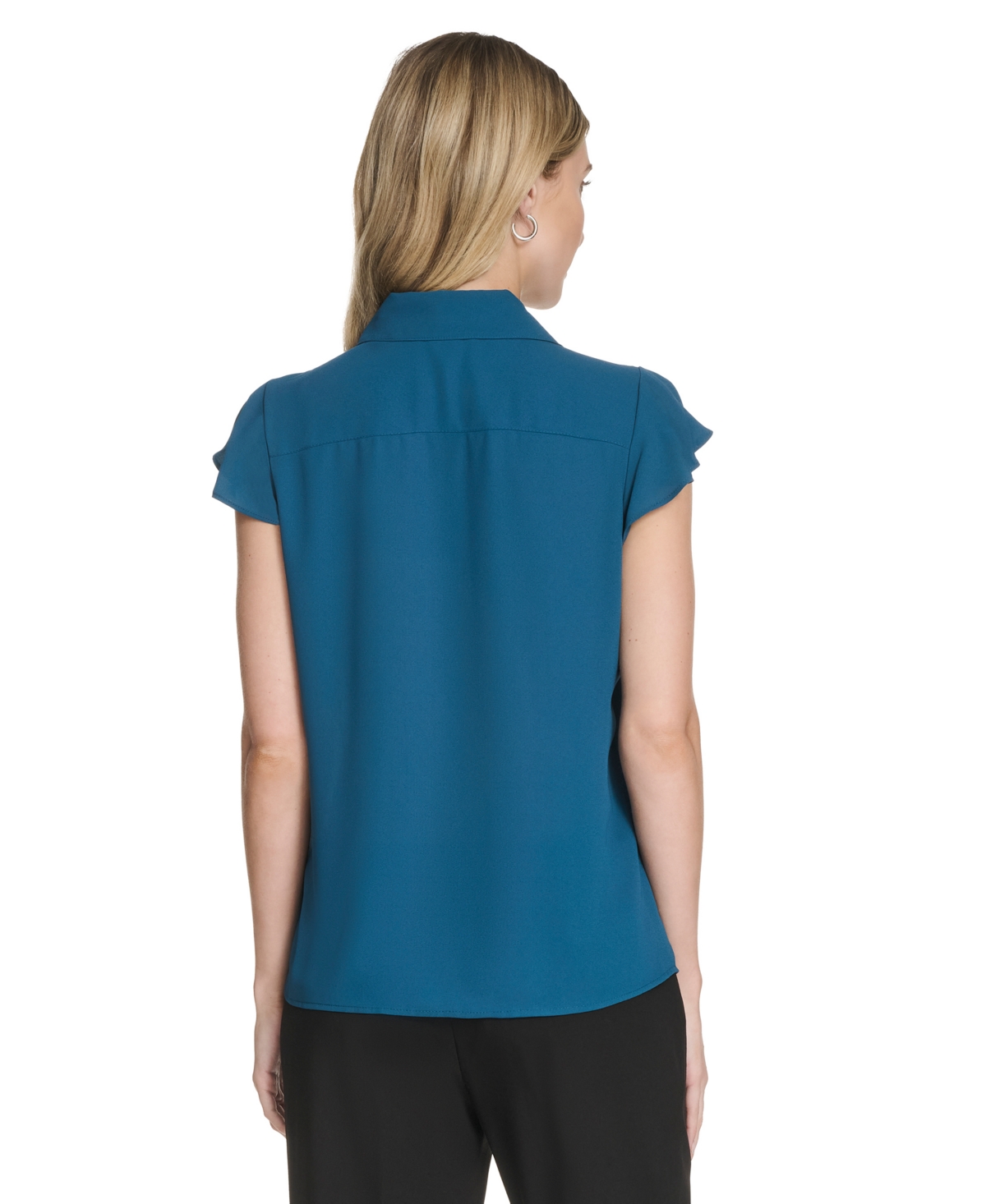 Calvin Klein Cap Sleeve Ruffle Front Button-up Shirt In Green