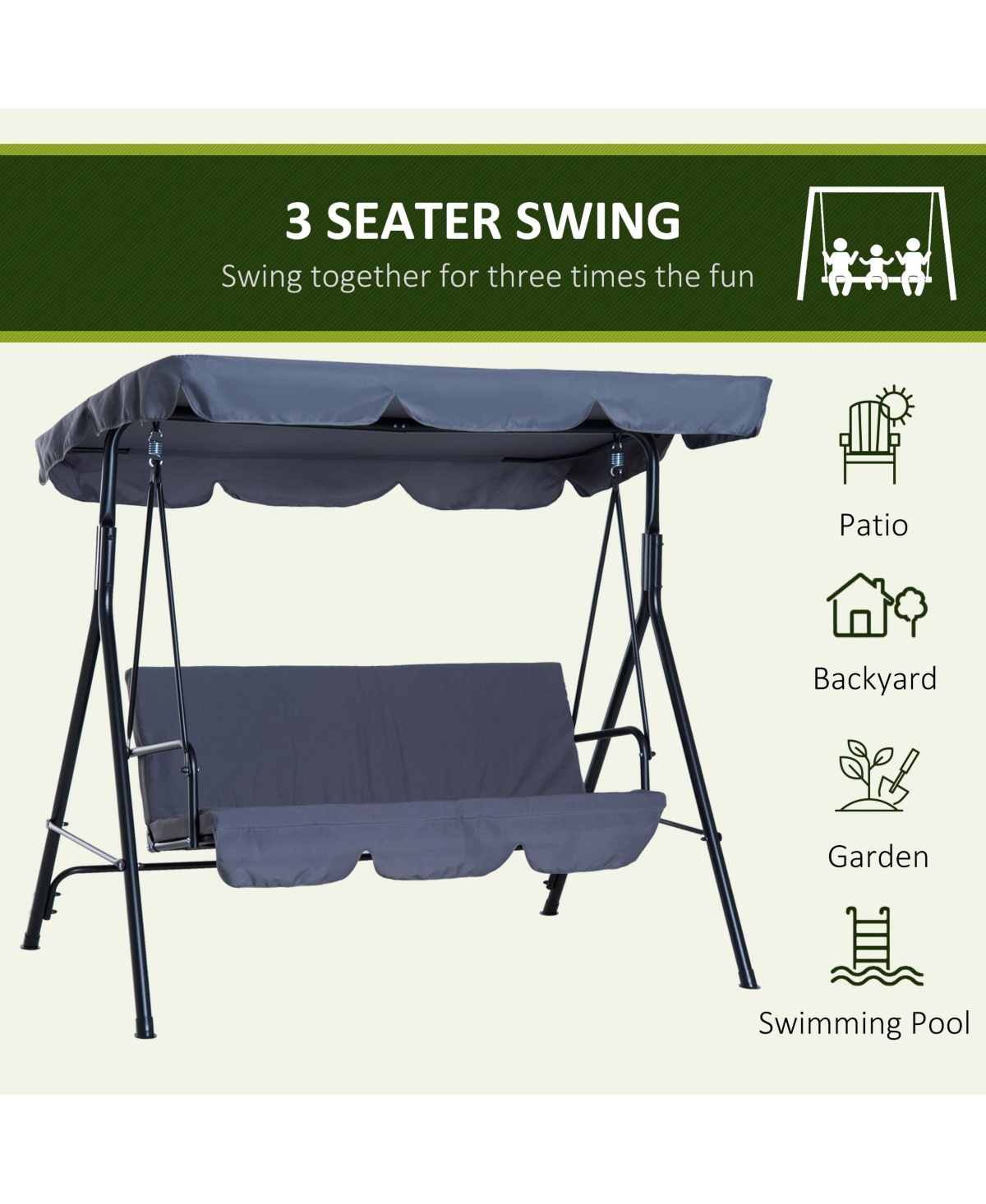 Outsunny Porch Swing Hammock Bench Chair, Steel 3-Seat