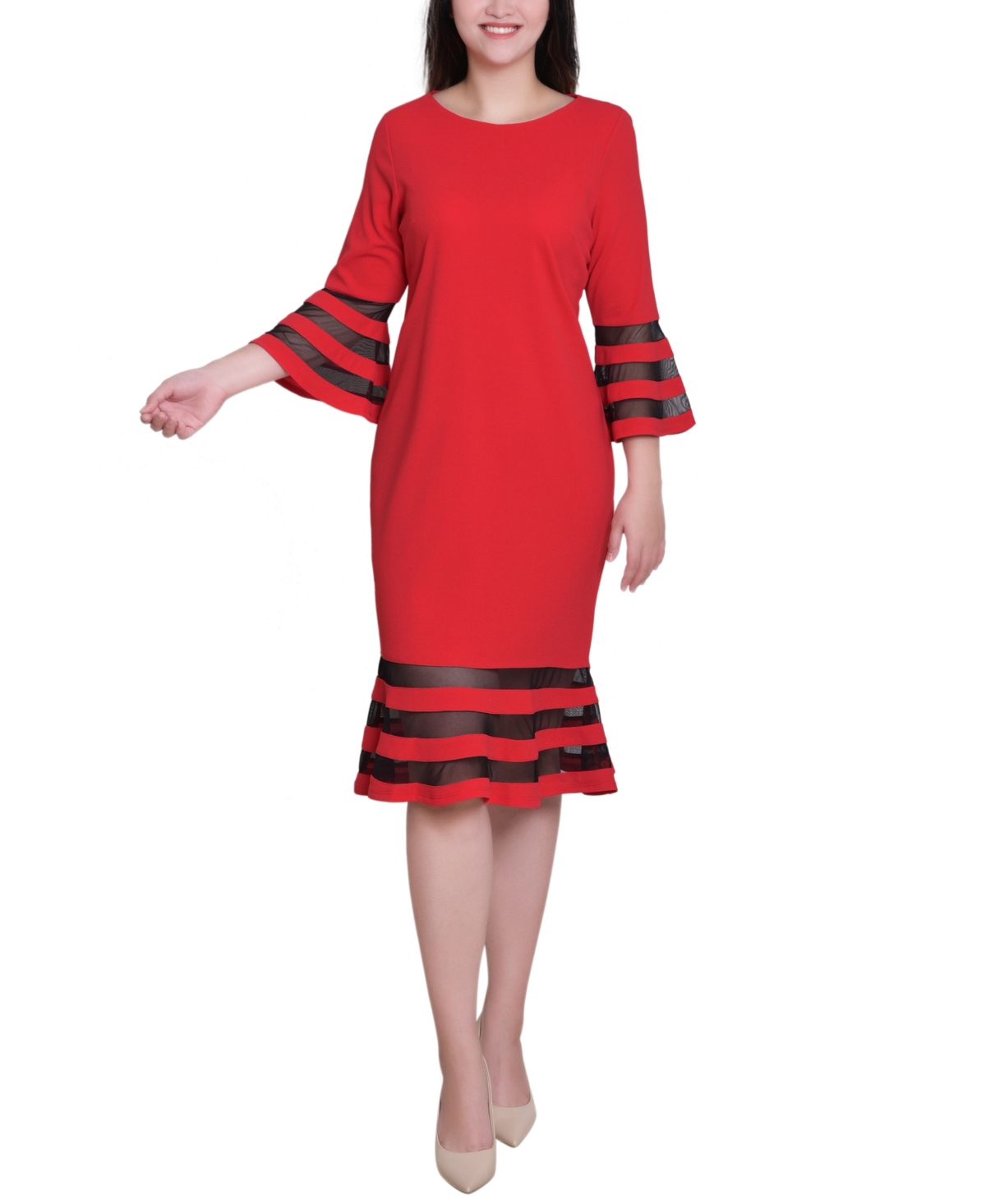 Ny Collection Women's Shadow Stripe Elbow Sleeve Dress In Red
