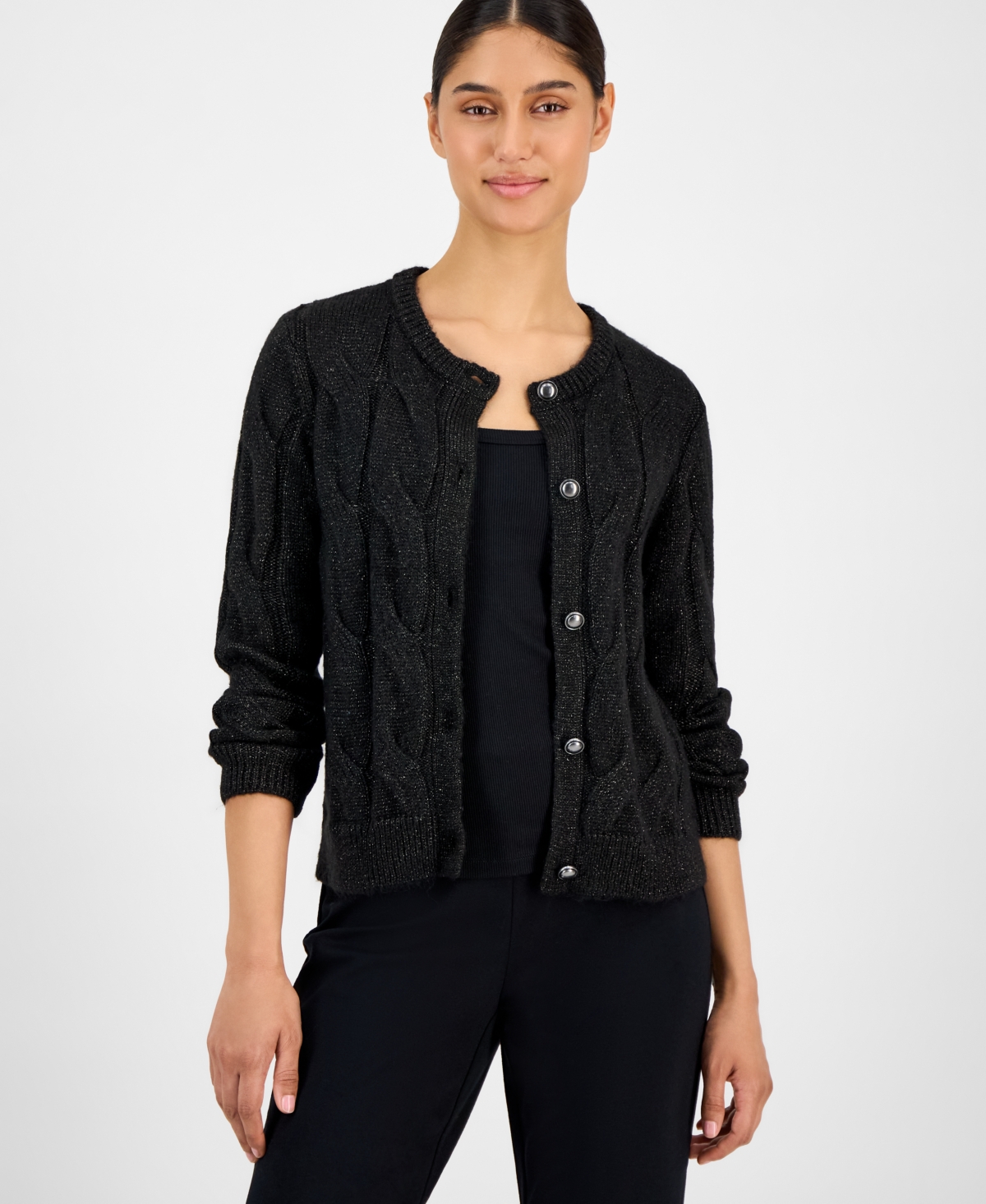 T Tahari Women's Metallic Cable-Knit Cardigan