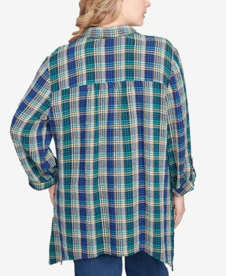 Plus Size Embroidered Plaid Button Down Top