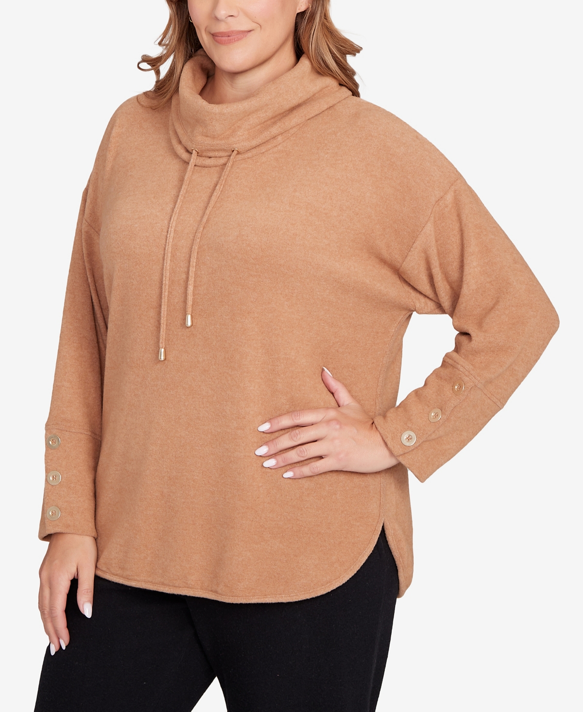 Ruby Rd. Plus Size Cozy Cowl Neck Drawstring Sweater In Brown