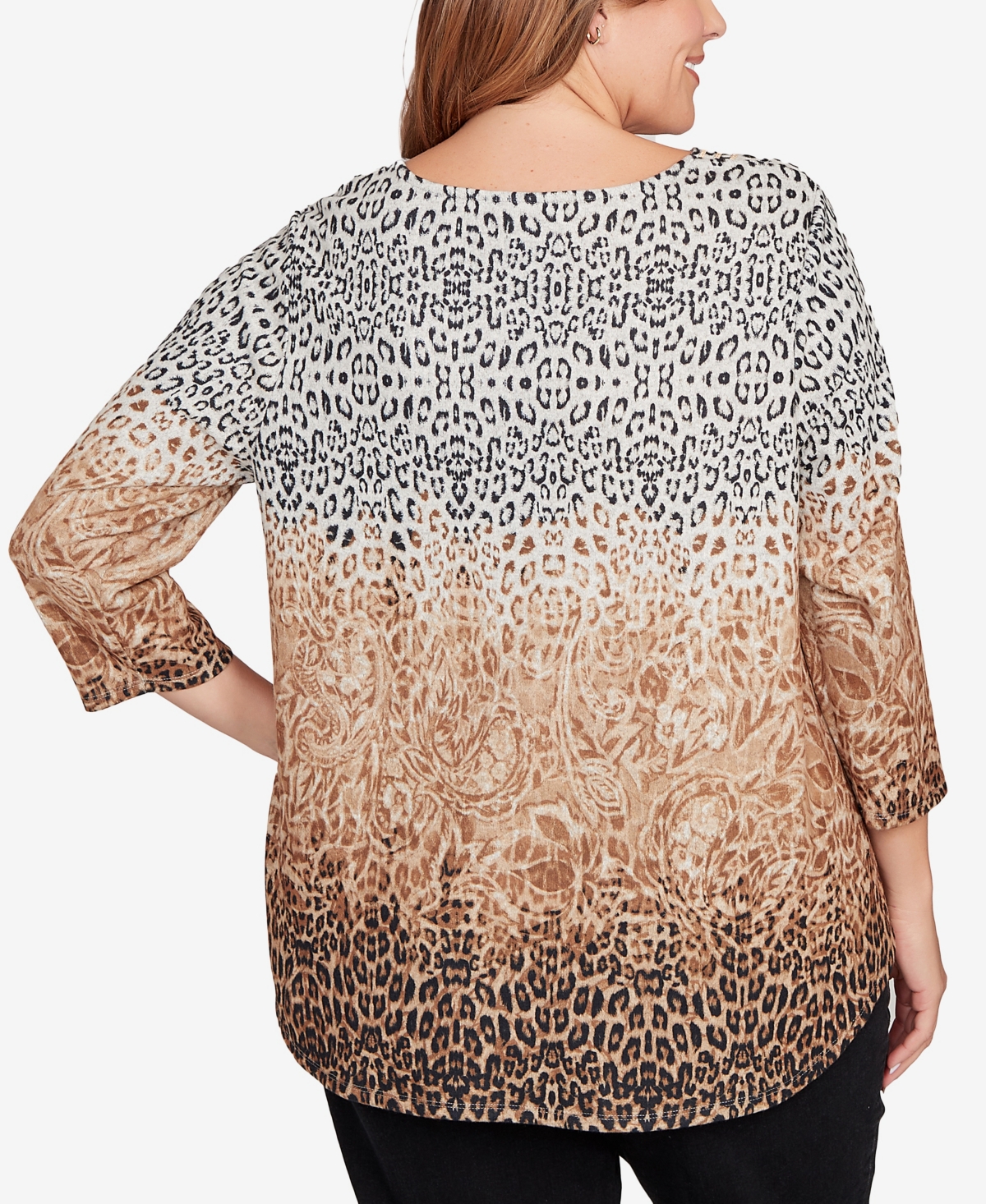 Ruby Rd. Plus Size Embellished Animal Print Cozy Top In Brown