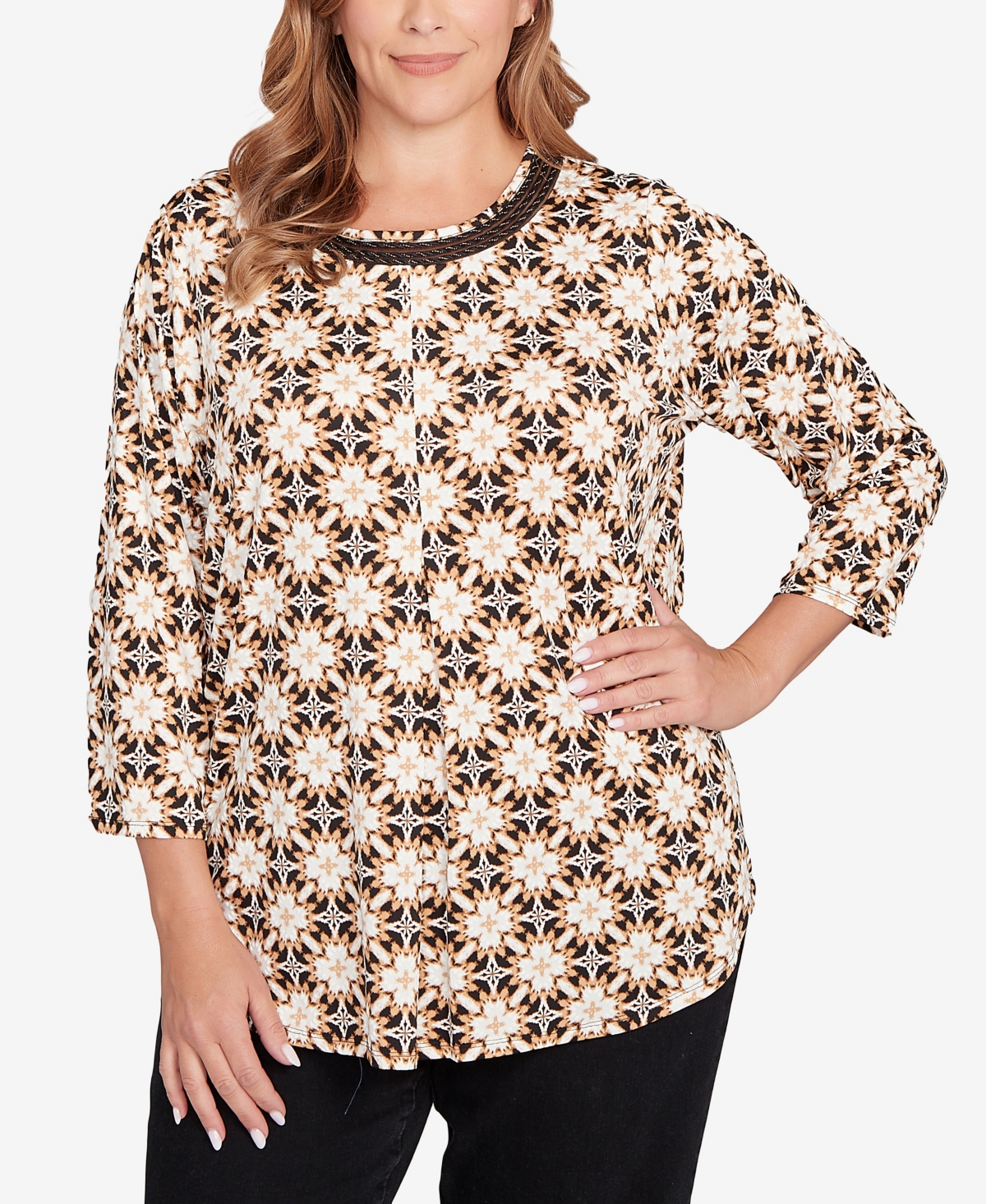 Ruby Rd. Plus Size Mesh Textured Geo Puff Print Top In Brown
