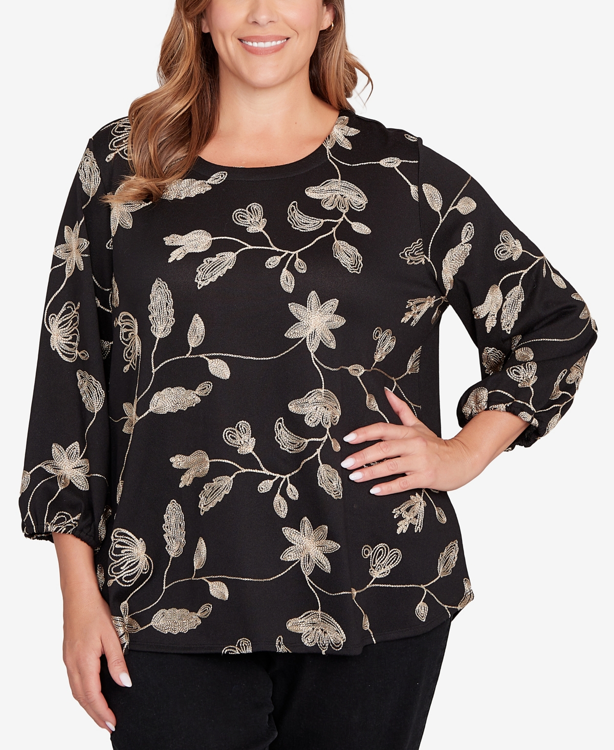 Ruby Rd. Plus Size Metallic Embroidered Floral Top In Black