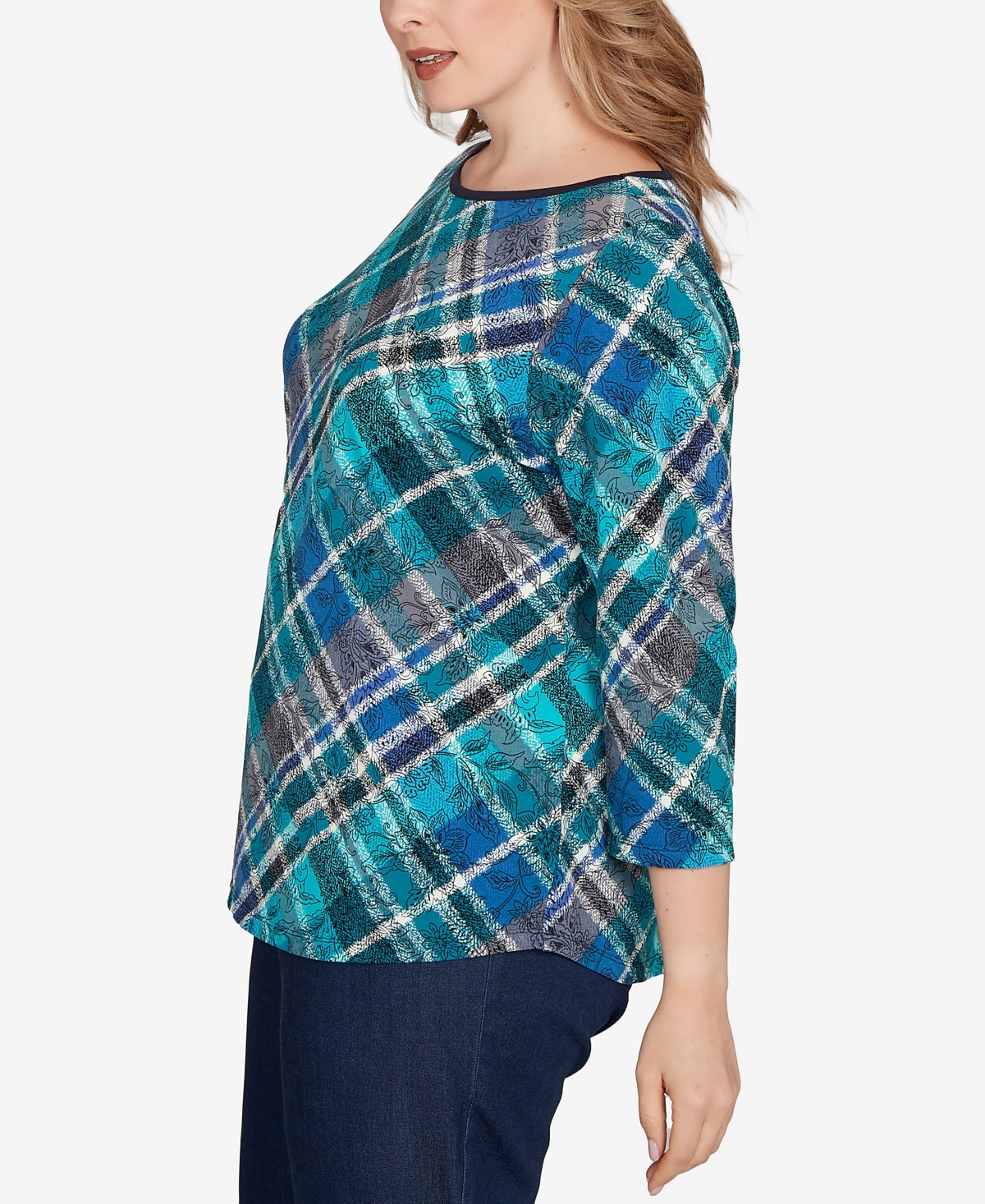 Ruby Rd. Plus Size Solid Tipped Plaid Knit Top In Blue