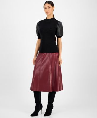 Women's Ribbed Faux-Leather-Sleeve Top