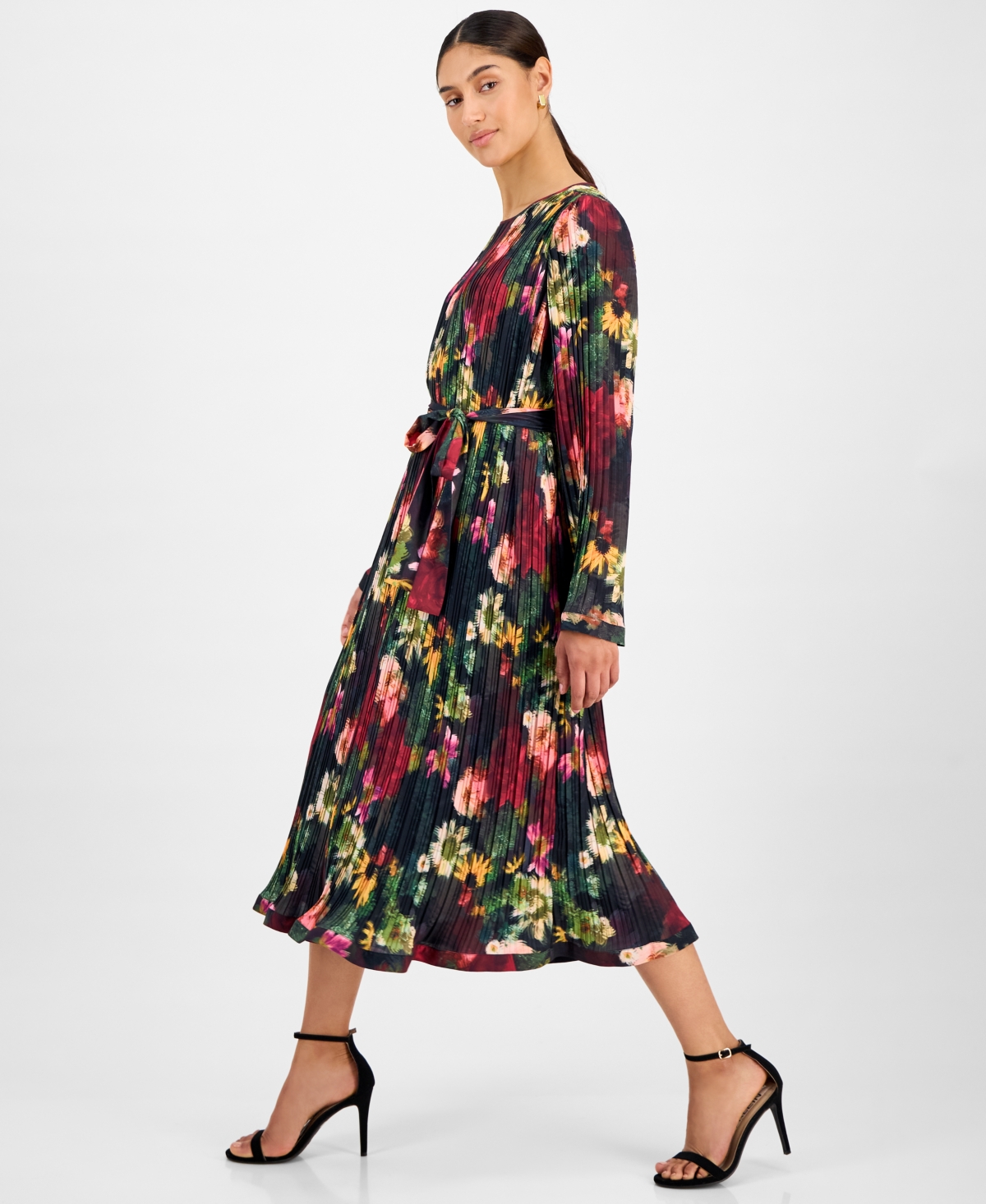 T Tahari Women's Floral-print Pleated Midi Dress In Brown
