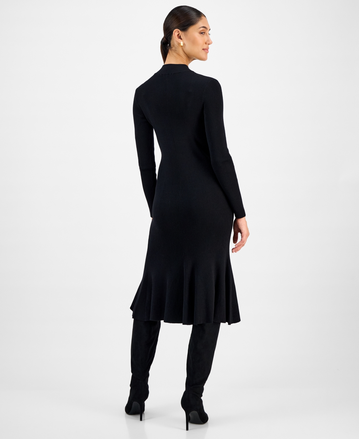 T Tahari Women's Long-sleeve Ribbed Bodycon Flare Dress In Black
