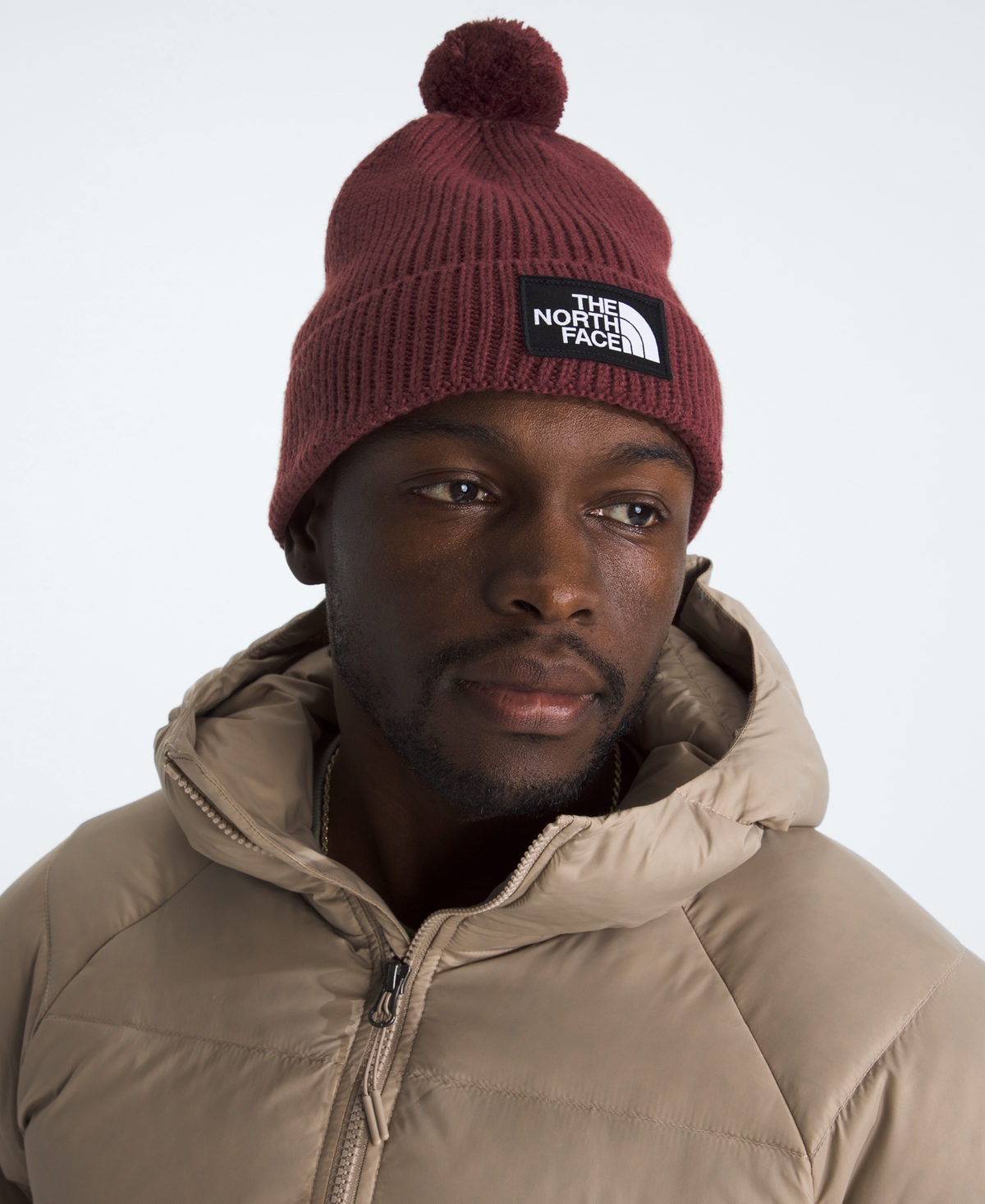 The North Face Men's Logo Box Pom Beanie In Burgundy