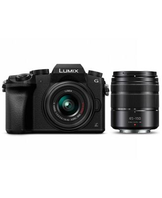 LUMIX DMC-G7 Mirrorless Camera with LUMIX G Vario 14-42mm and 45-150mm Lens, Bundle with Tripod, Microphone, Triple Shoe V-Bracket, On Camera Light, 32GB UHS-I Memory Card, Extra Battery, Bag