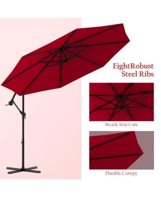 10' Hanging Solar LED Umbrella Patio Sun Shade Offset Market W/Base