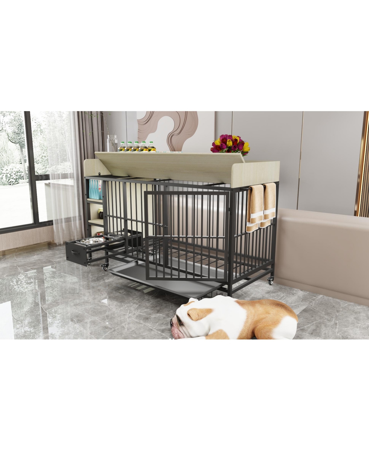 Aostirmotor 57 in. W x 33 in. H x 24 in. D Large Pet Cage with Storage Rack Drawers with Stainless Steel Food in Beige