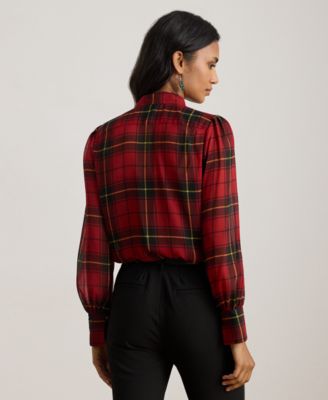 Petite Plaid Print Tie Neck Top