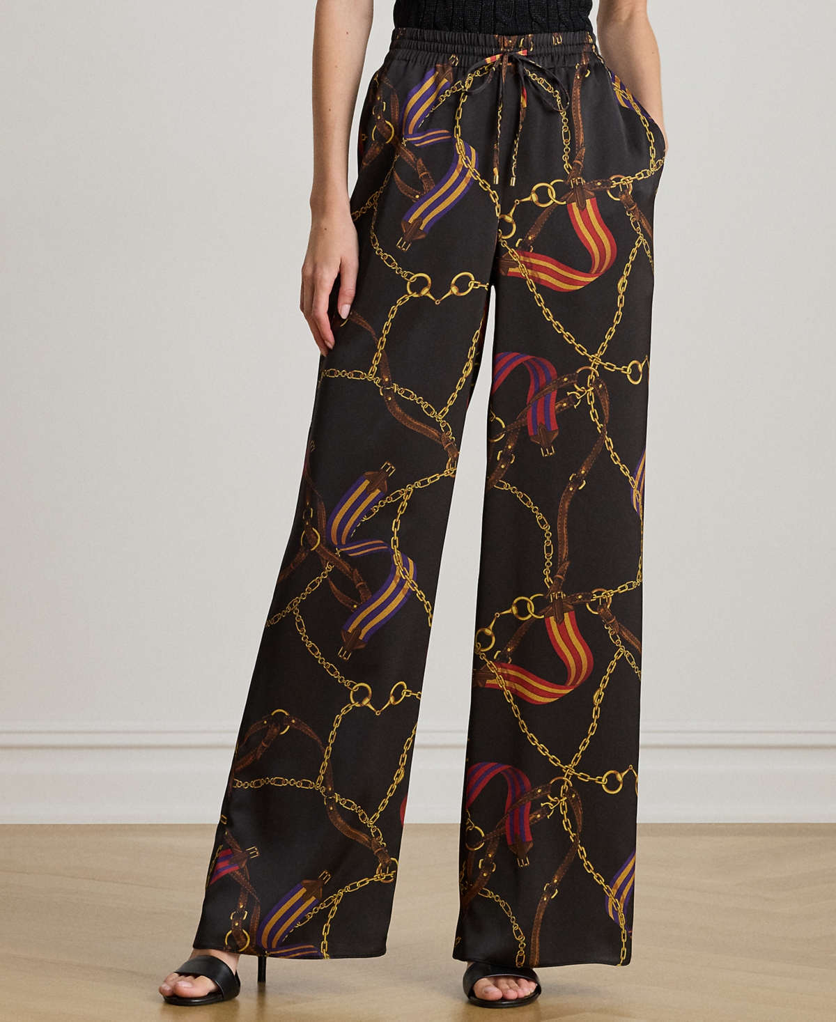 Ralph Lauren Petite Belting Print Wide Leg Pants In Black