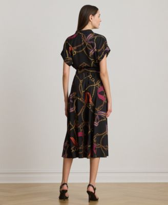 Petite Spread Collar Belting-Print Dress