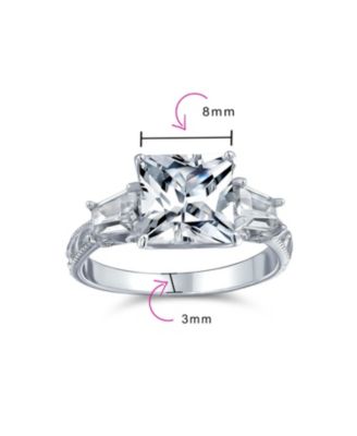 Classic 3CT Princess Cut CZ Solitaire Ring with Baguette Accents in Sterling Silver