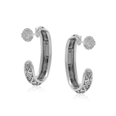 Sterling Silver Green Serpentine Patterned J-Hoop 1 Inch Earrings