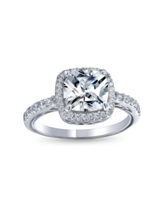 Classic 3CT Cubic Zirconia Halo Solitaire Square Cushion Cut Promise Ring CZ Pave Band Sterling Silver