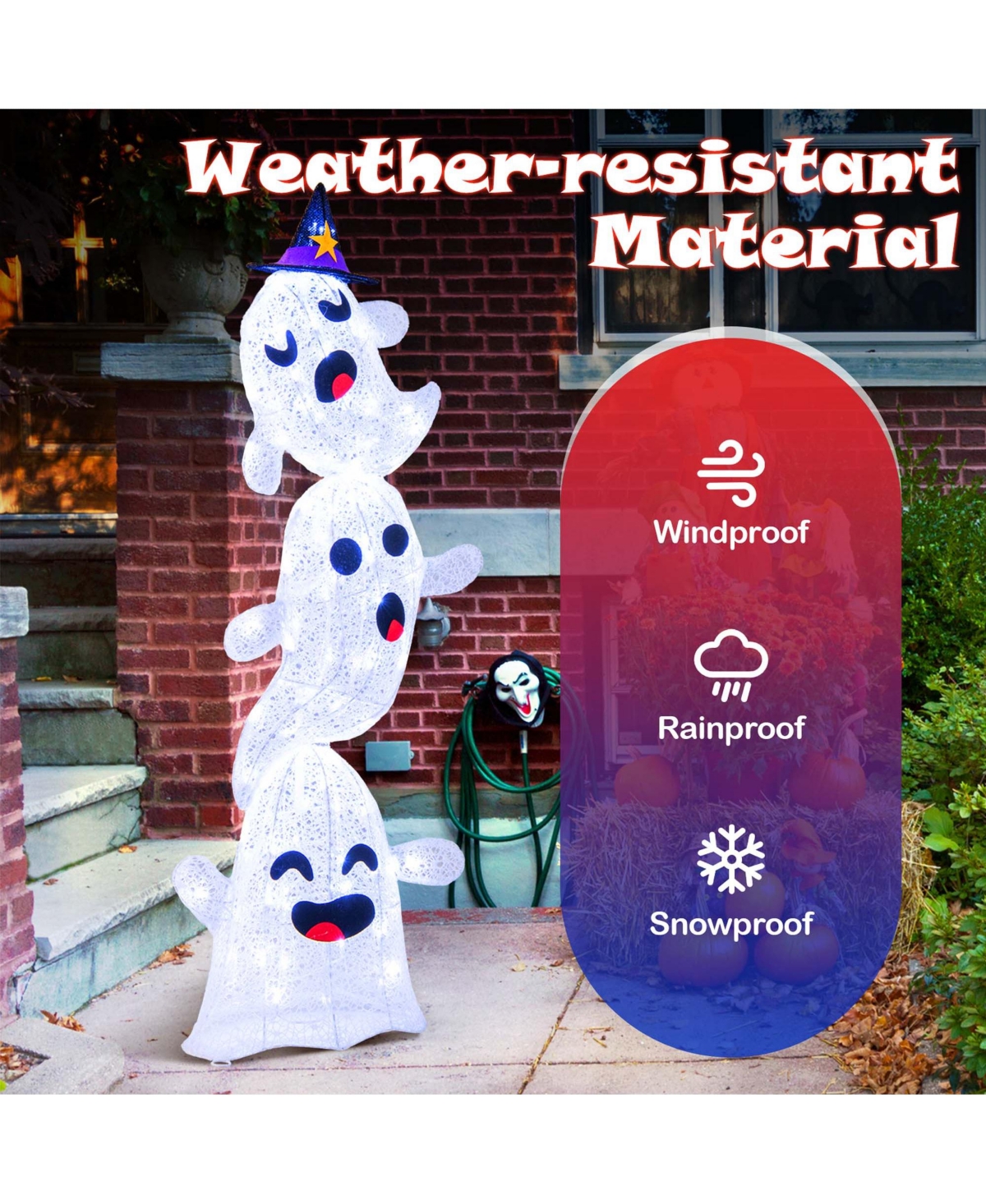 4 Ft Lighted Stacked Ghosts Standing Halloween Decoration with 120 Led Lights and 4 Metal Ground Stakes