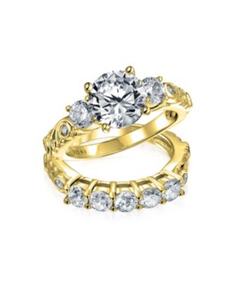 Round Solitaire Three Stone Promise Ring Set,Cubic Zirconia Past Present Future CZ Side Stones Sterling ,