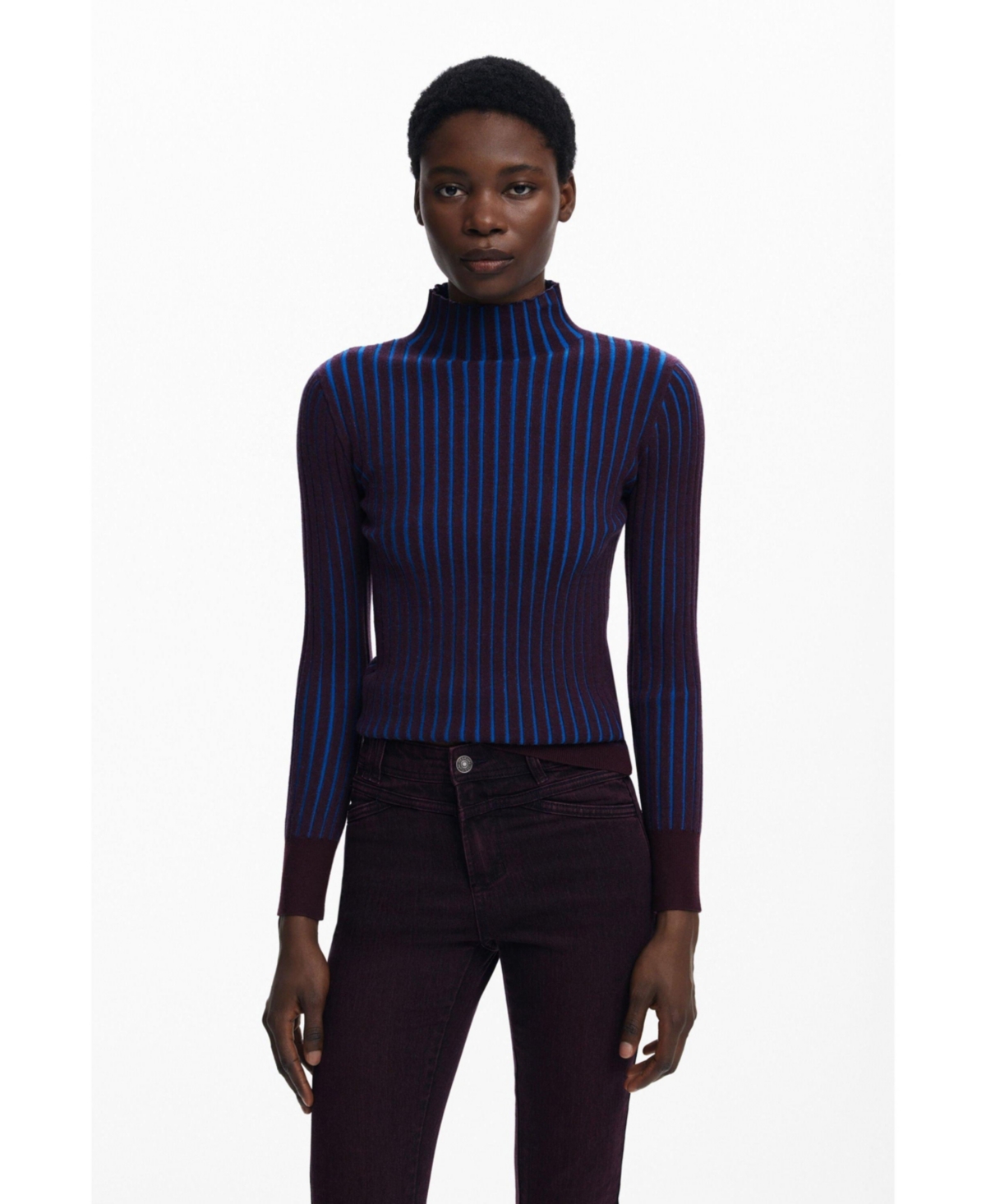 Desigual Fitted Rib Sweater In Blue