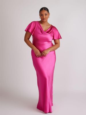 Women's Flutter Sleeve Satin Bridesmaid Dress