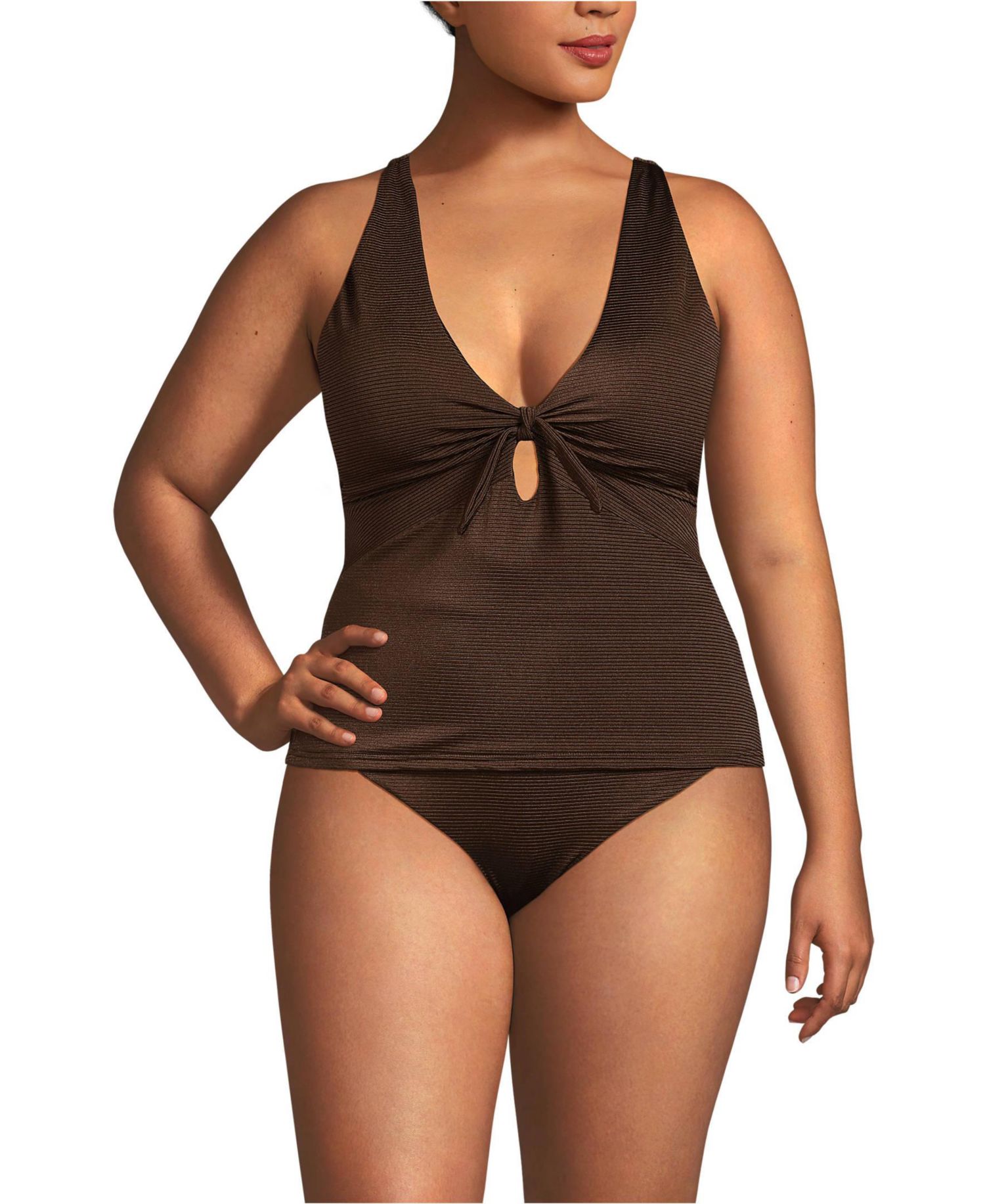 Plus Size Shine Ribbed Tankini Top and High Waisted Bottom Swimsuit Set