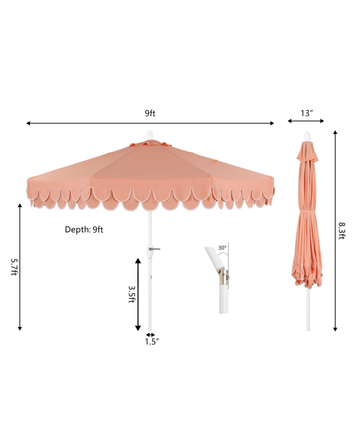 Jonathan Y Tracy 9 ft. Classic MidCentury Scalloped Fringe Market Patio Umbrella with Auto-Tilt Crank, Wind Vent and Uv Protection Coral