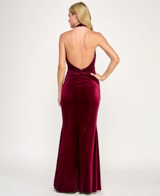 Juniors' Velvet Plunge Halter Neck Long Gown