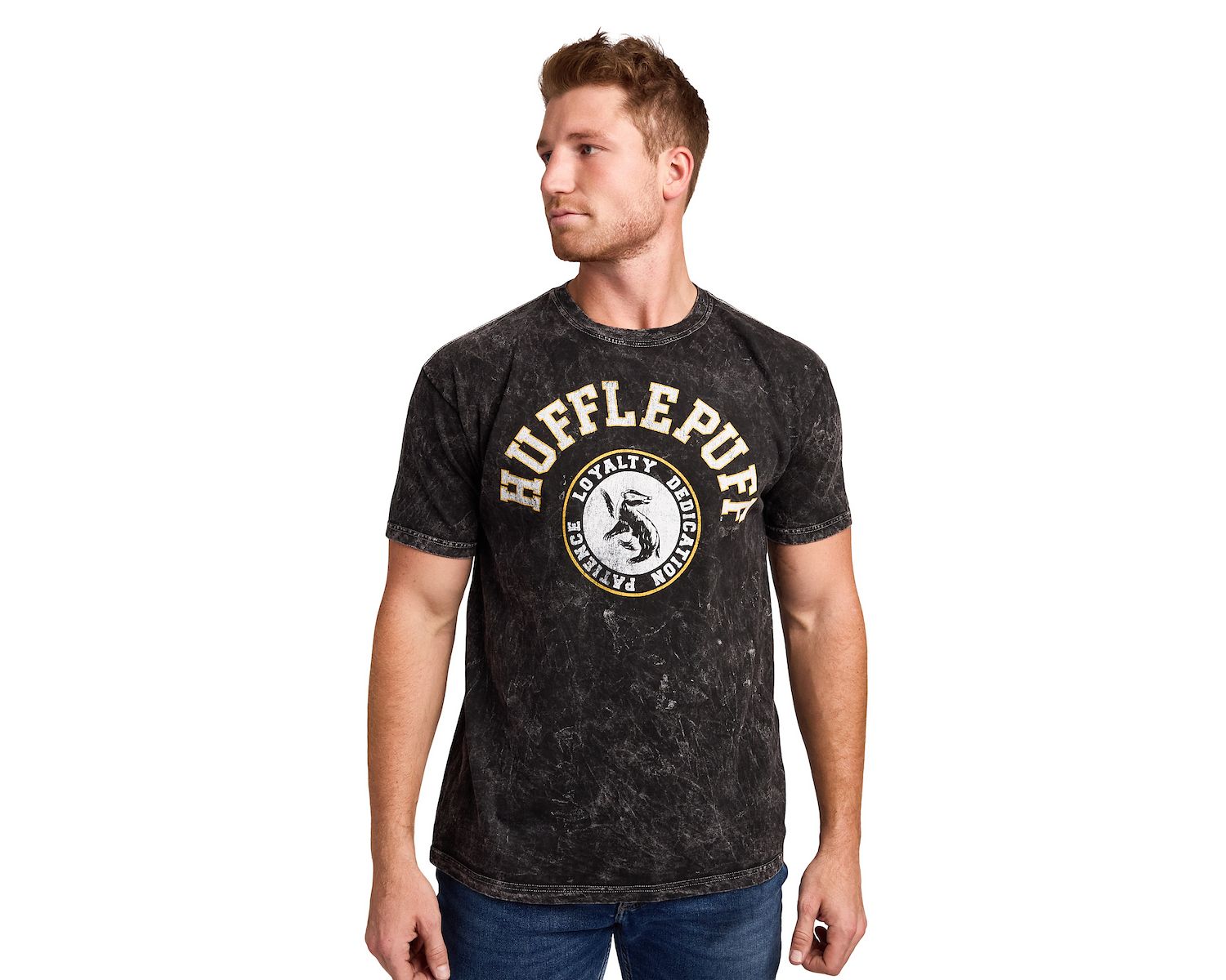 Men's Hufflepuff Varsity Black Vintage Mineral Wash Crew Neck Short Sleeve T-shirt-XXL