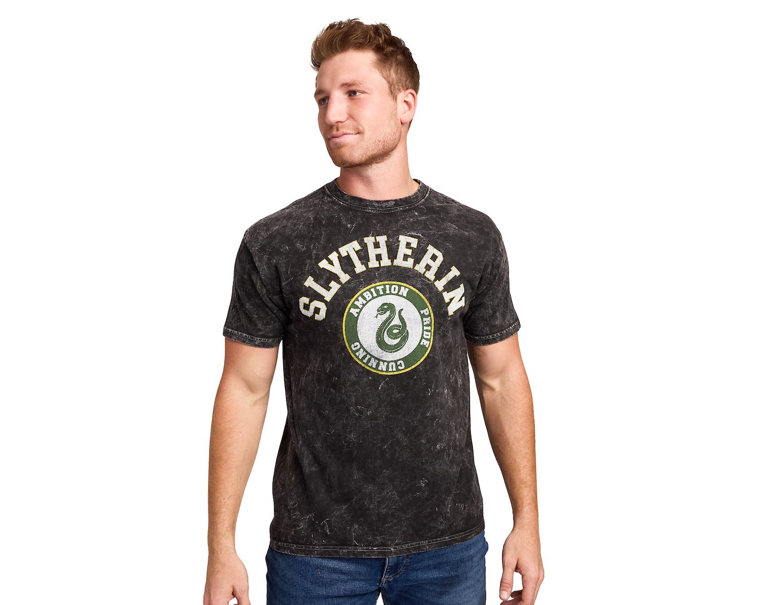 Men's Slytherin Varsity Black Vintage Mineral Wash Crew Neck Short Sleeve T-shirt-XXL